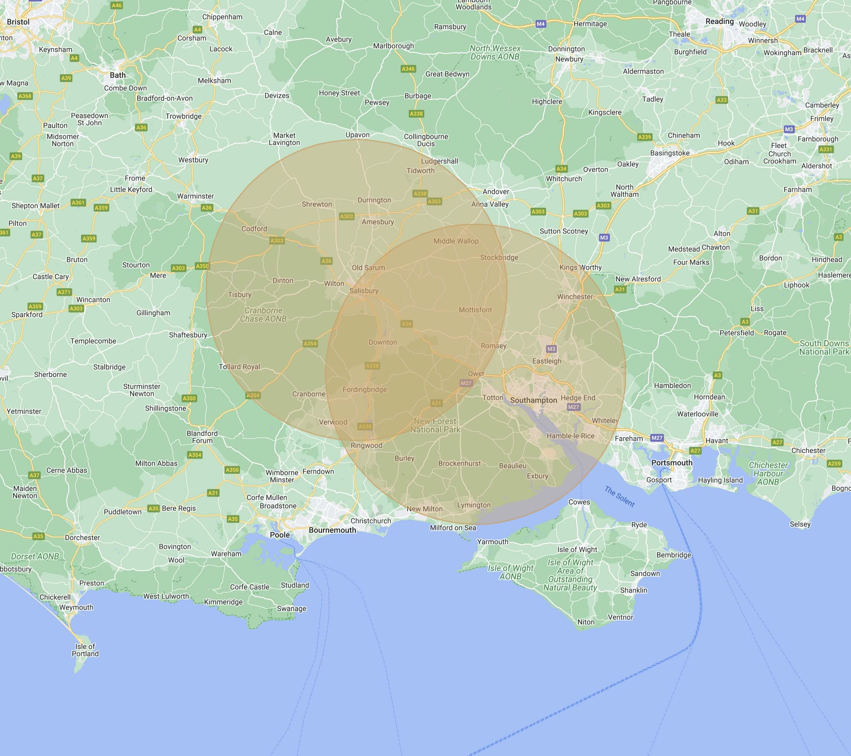 Map of Hampshire with two circles on top for delivery radius.